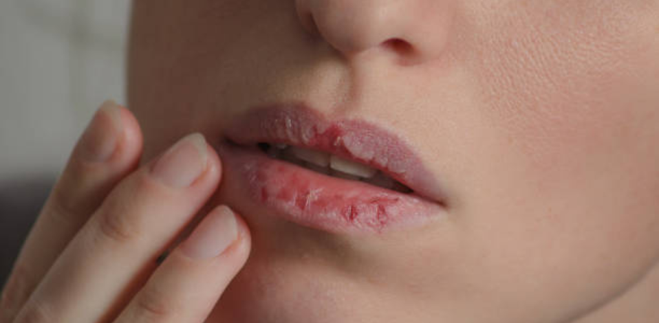 Close-up of cracked, chapped lips causing discomfort